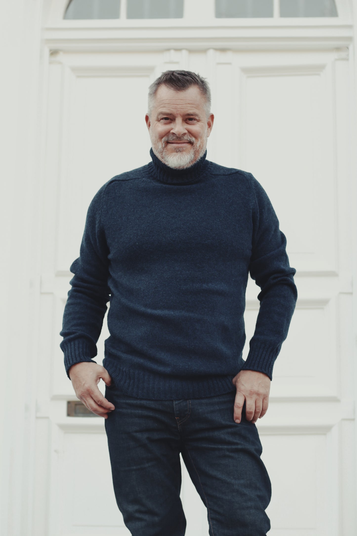 Ballater Mens Roll Neck Sweater, Cosmos Blue, Geelong lambswool