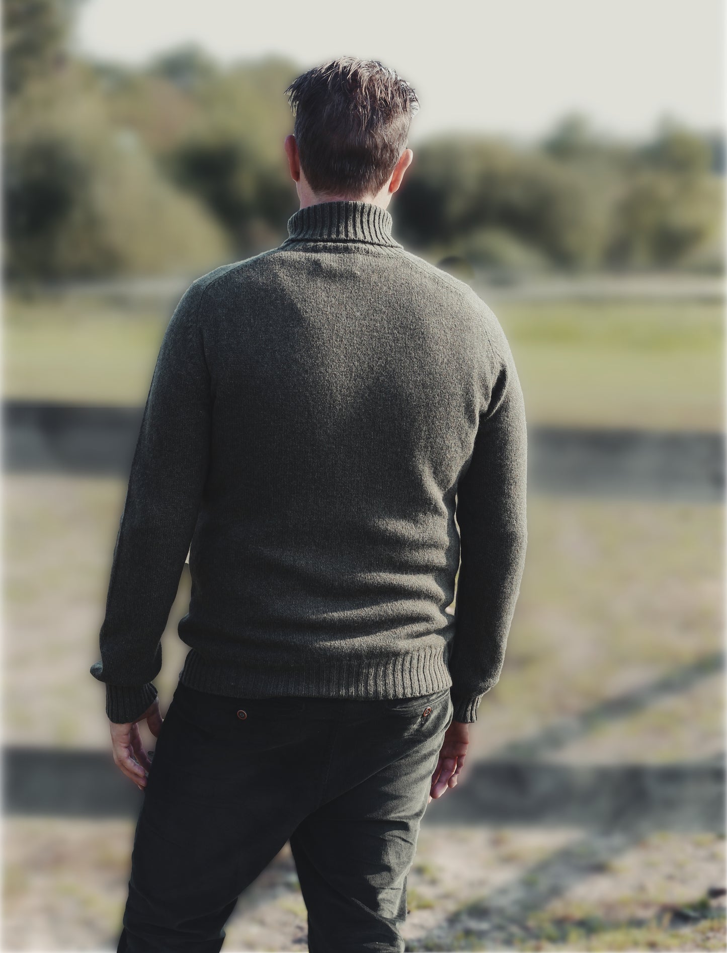 Ballater Mens Roll Neck Sweater, Loden Green, Geelong lambswool