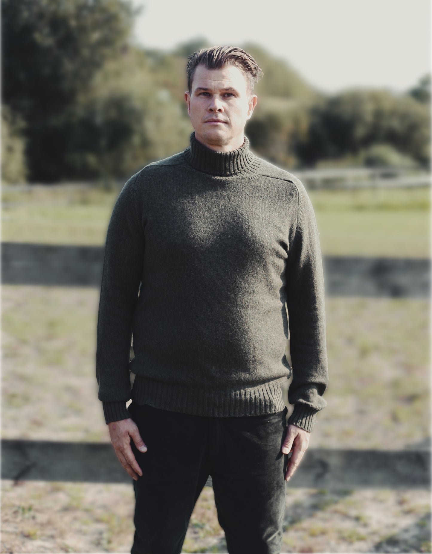 Ballater Mens Roll Neck Sweater, Loden Green, Geelong lambswool