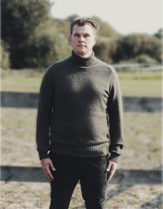 Ballater Mens Roll Neck Sweater, Loden Green, Geelong lambswool