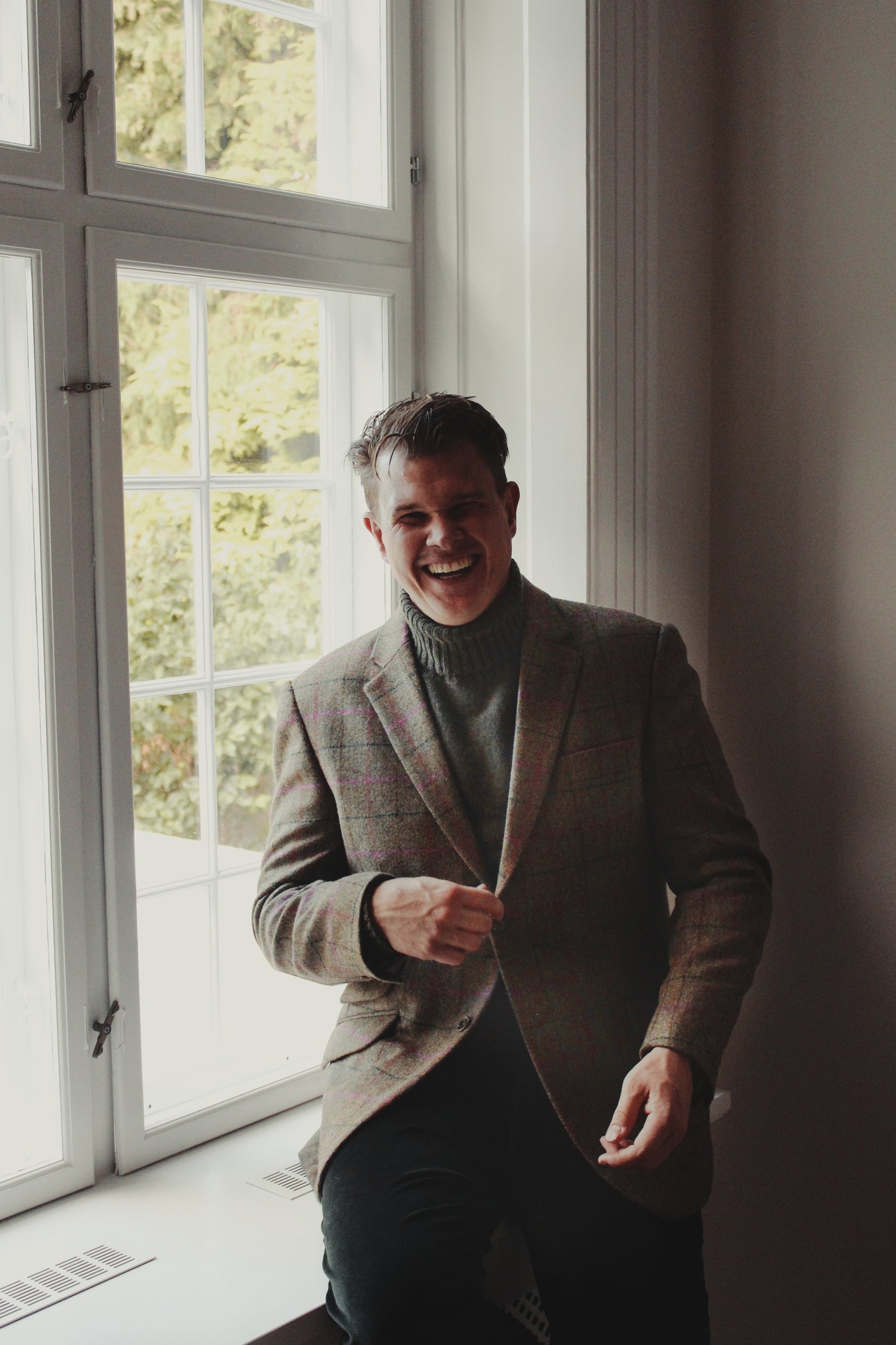 Ballater Mens Roll Neck Sweater, Loden Green, Geelong lambswool