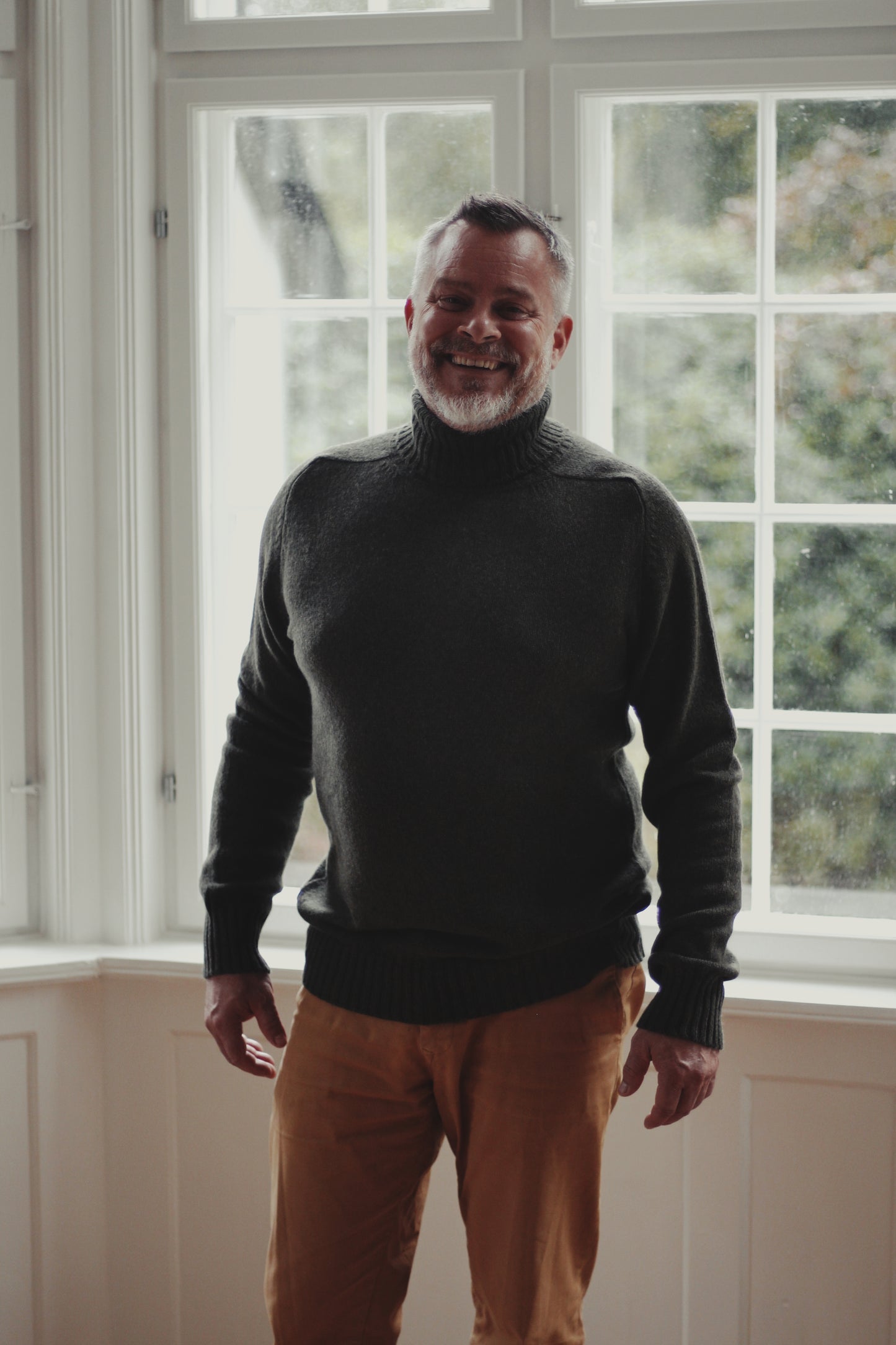 Ballater Mens Roll Neck Sweater, Loden Green, Geelong lambswool