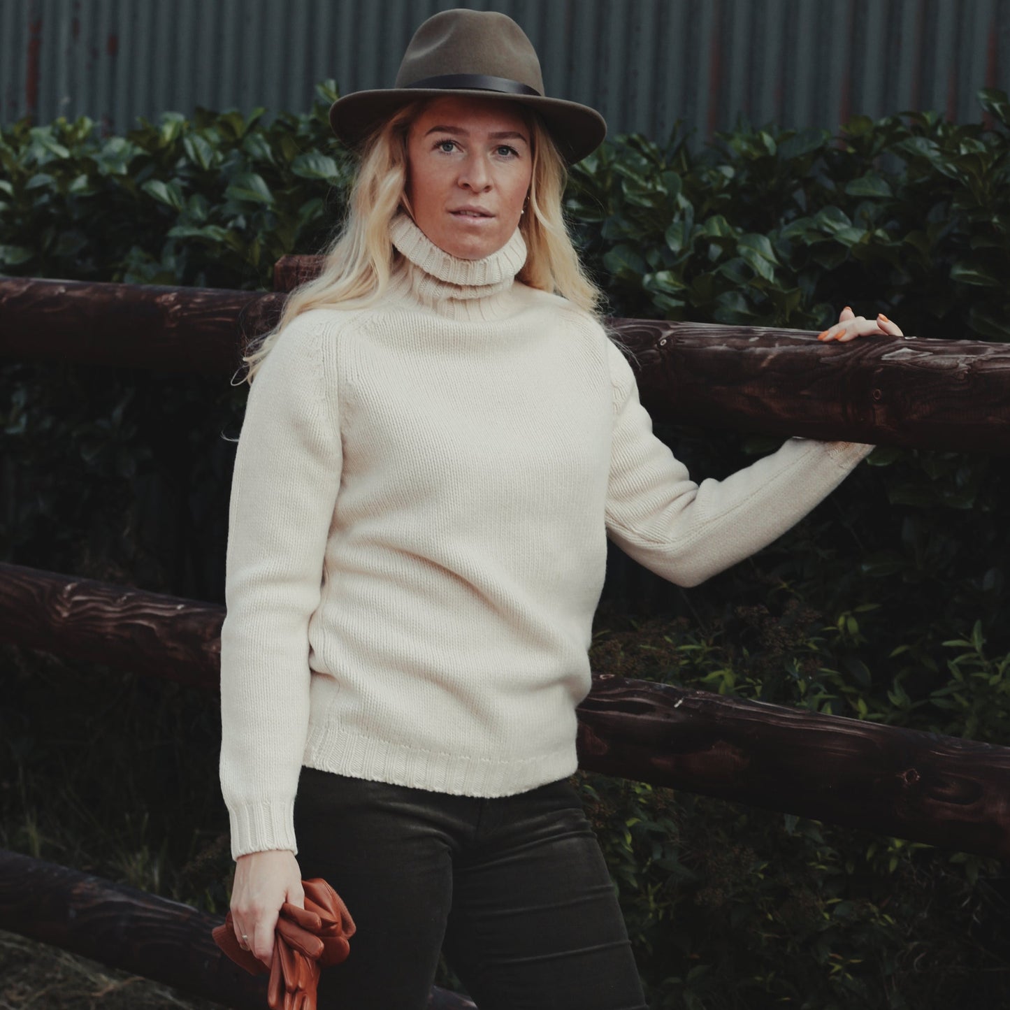 Glencoe Ladies Roll Neck Sweater, Almond White, Geelong lambswool
