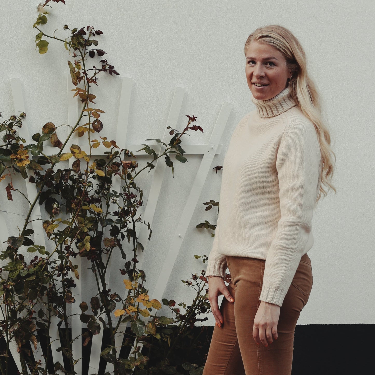 Glencoe Ladies Roll Neck Sweater, Almond White, Geelong lambswool