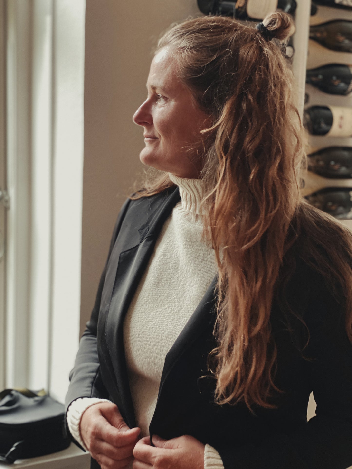 Glencoe Ladies Roll Neck Sweater, Almond White, Geelong lambswool