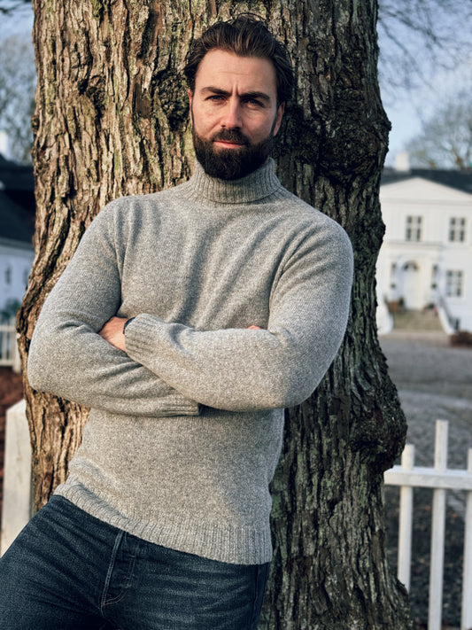 Ballater Mens Roll Neck Sweater, Flannel Grey, Geelong lambswool