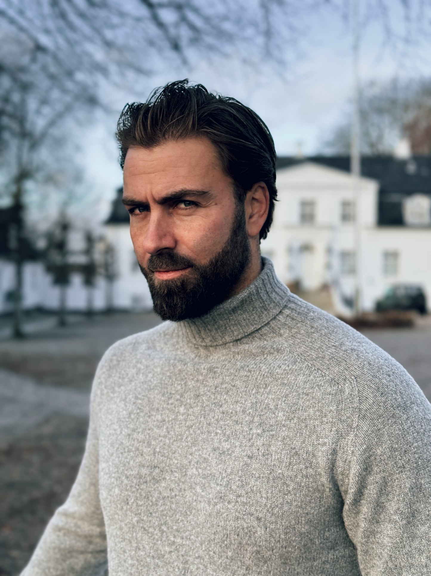 Ballater Mens Roll Neck Sweater, Flannel Grey, Geelong lambswool