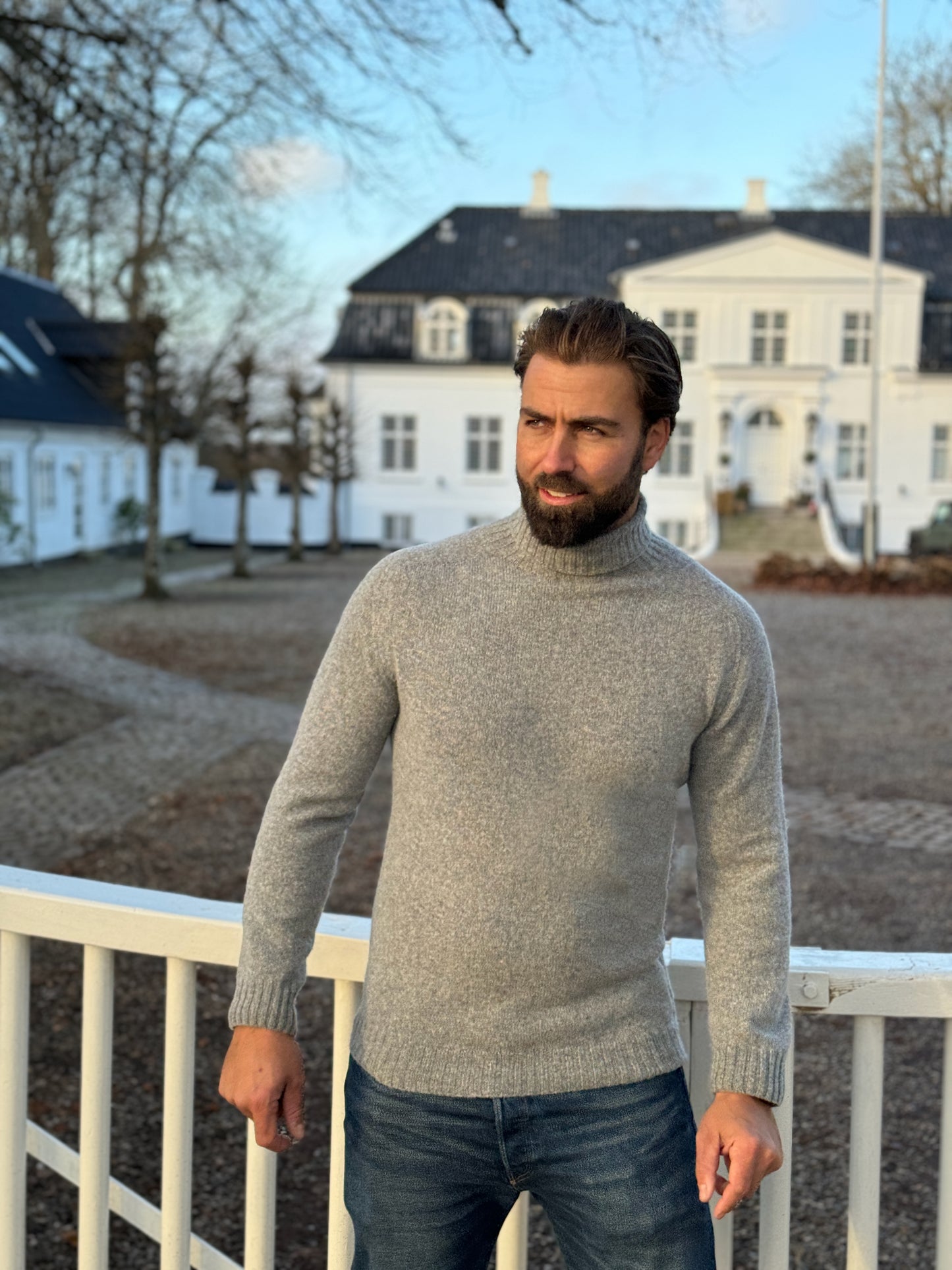 Ballater Mens Roll Neck Sweater, Flannel Grey, Geelong lambswool