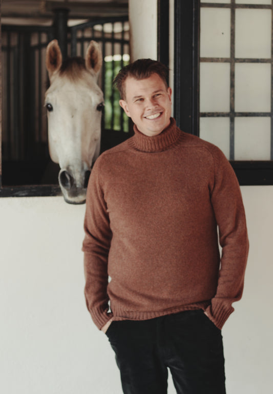 Ballater Mens Roll Neck Sweater, Hazelnut Brown, Geelong lambswool