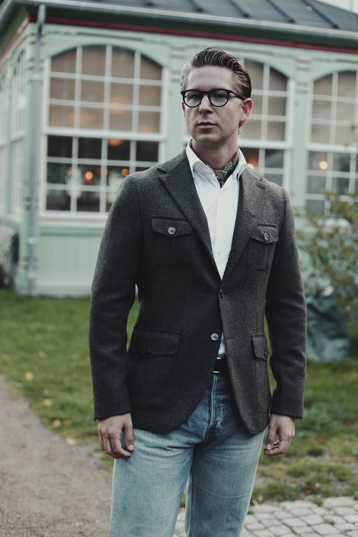 Henry Tweed Safari Blazer, dark green melange